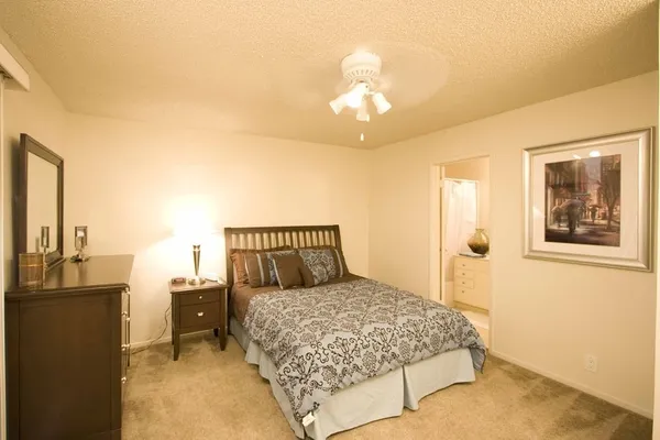 a bedroom with a large bed and a chandelier