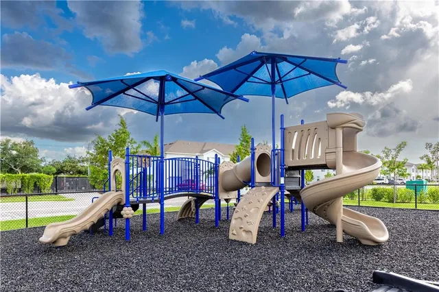 a view of a park with slide