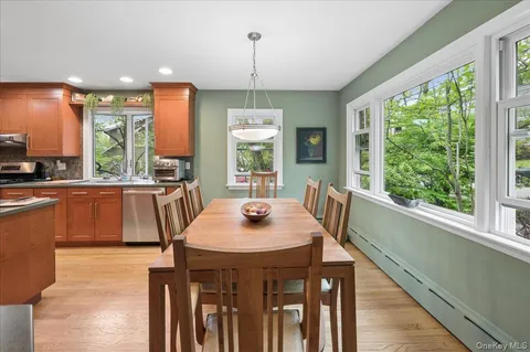 a dining table with chairs and window
