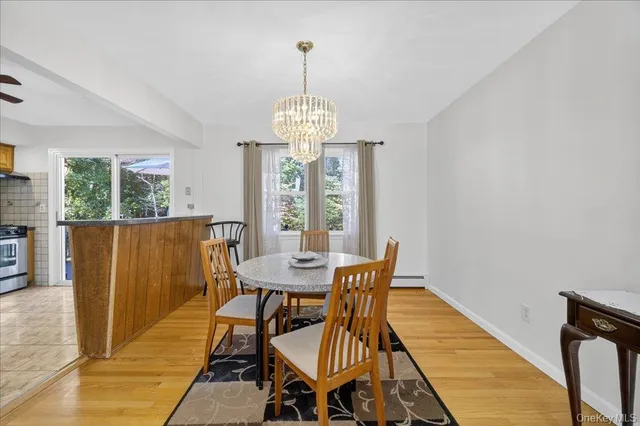 a view of a dining room with furniture window and outside view