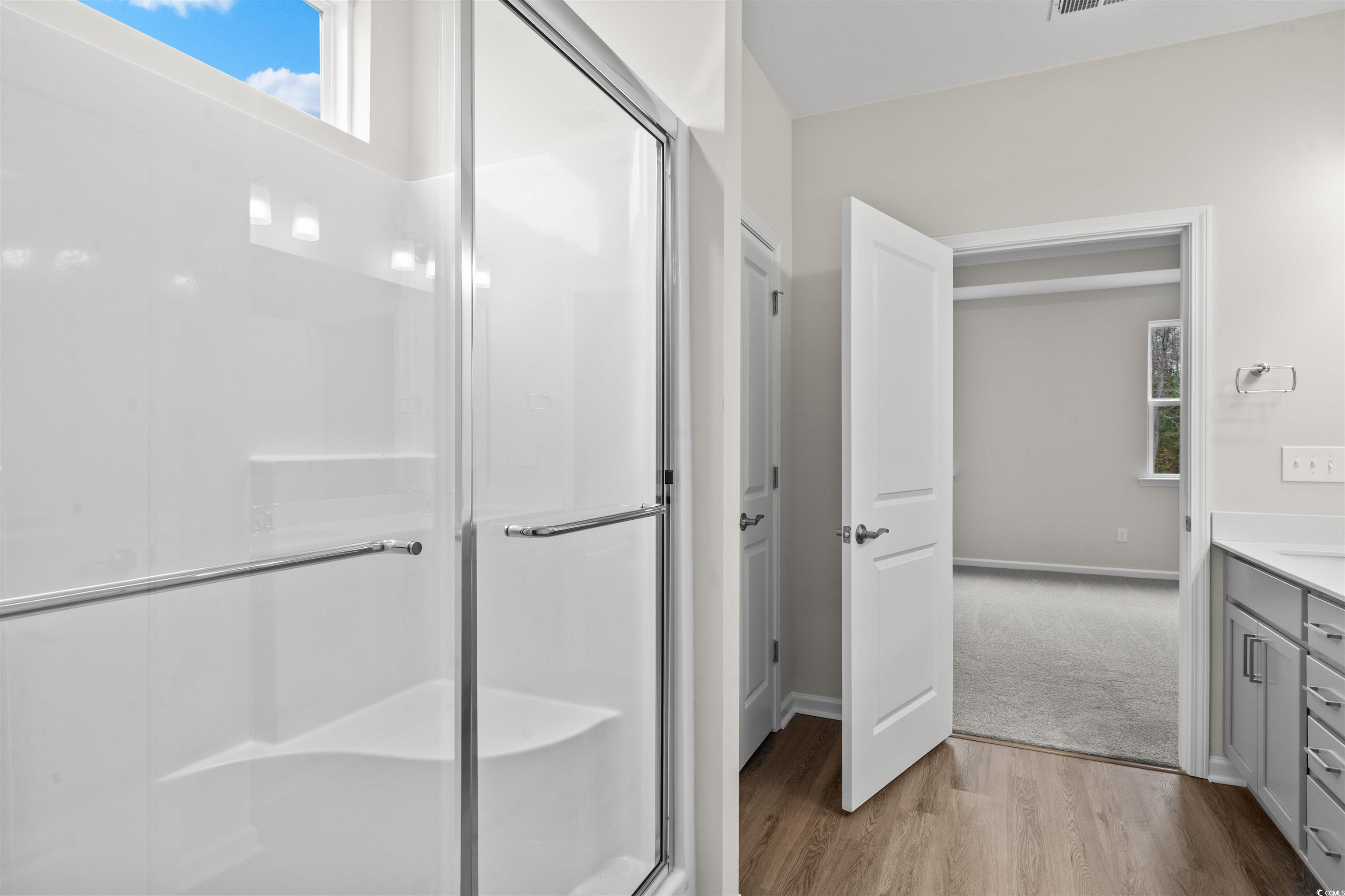 512 Sheepbridge Way Longs, SC 29568 - Photo 21 of 26 Bathroom featuring hardwood / wood-style floors, vanity, walk in shower, and double linen closet.