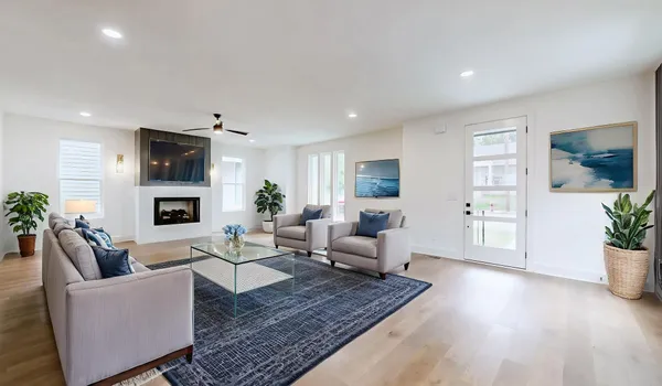 a living room with furniture couches and a potted plant