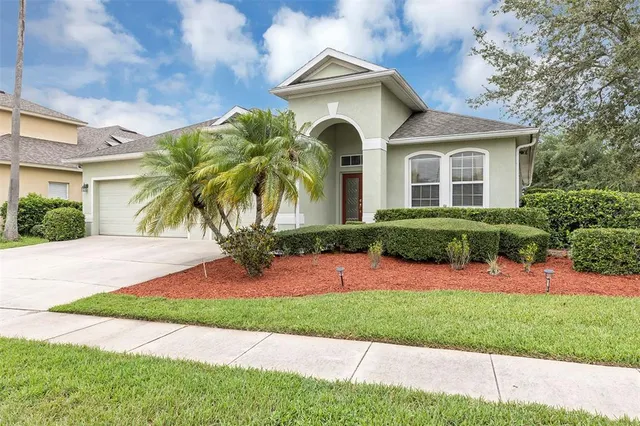 a view of a white house with a small yard plants and palm trees