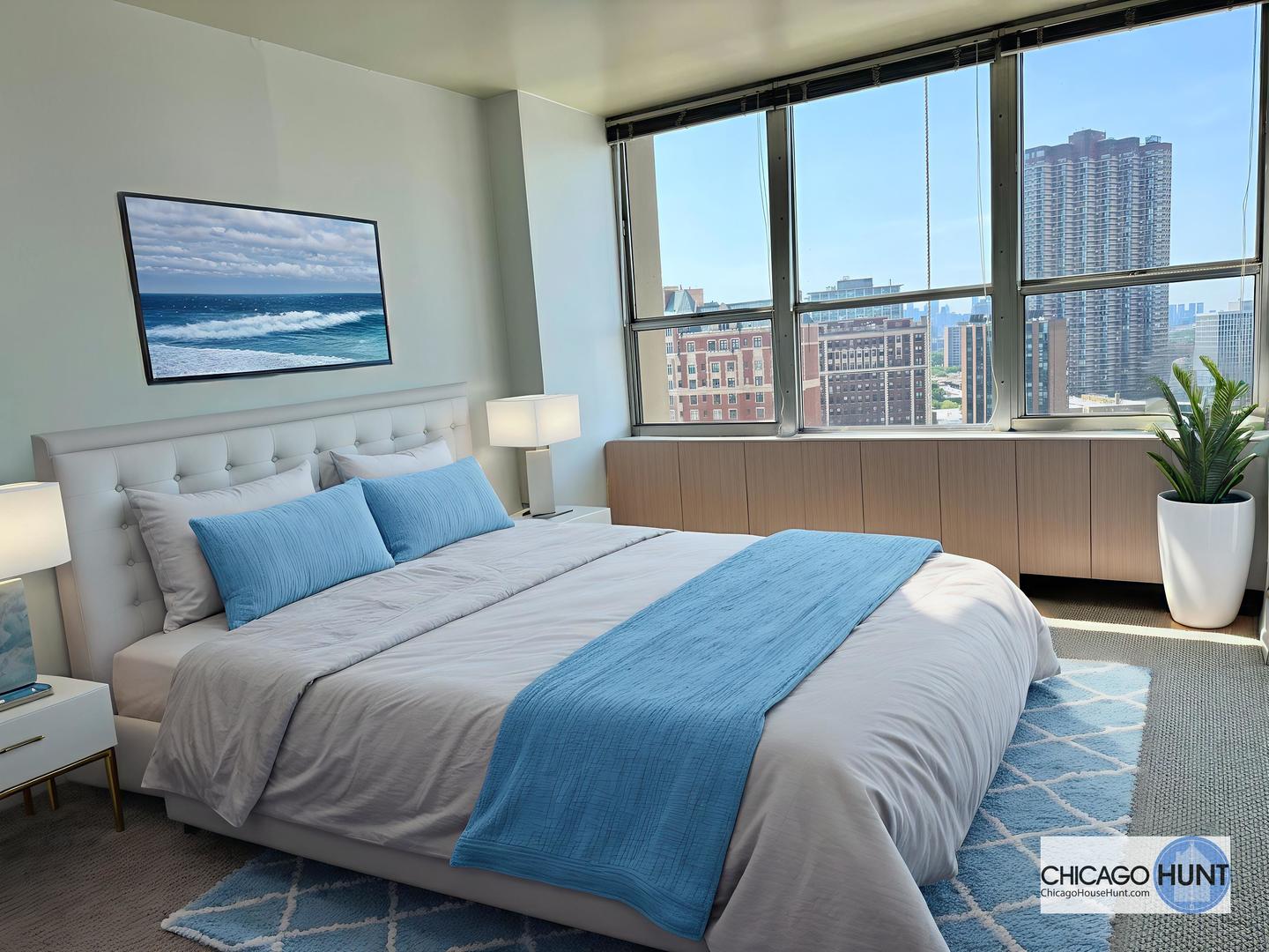 655 West Irving Park Road, Unit 1801 Chicago, IL 60613 - Photo 11 of 35 a bedroom with bed and a large window