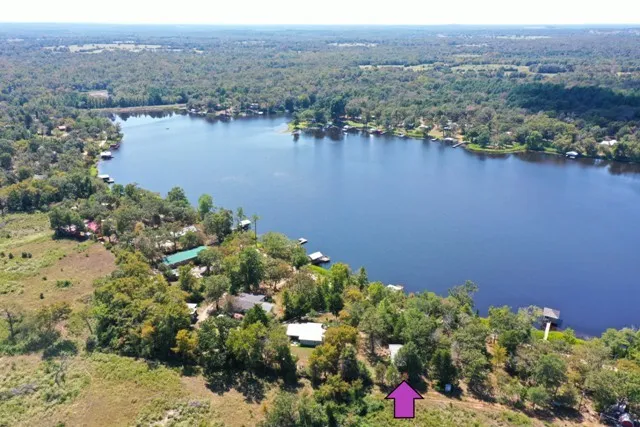 an aerial view of a house with a lake view