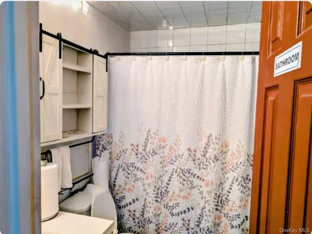 a bathroom with a shower curtain and a sink