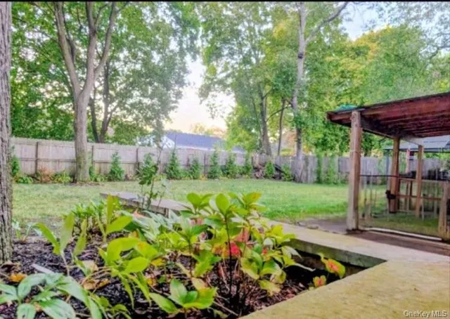 a view of a backyard with table and chairs and potted plants