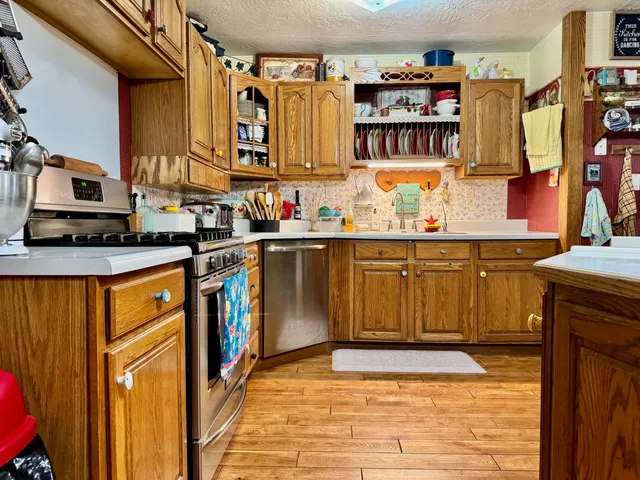 a kitchen with stainless steel appliances granite countertop a stove a sink and a refrigerator