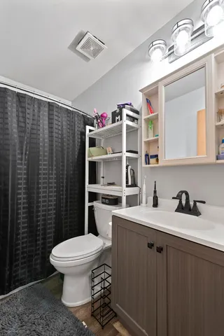 a bathroom with a sink a toilet and shower curtain