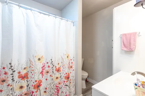 a bathroom with a sink toilet and shower curtain