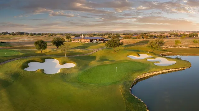a view of a park with large trees