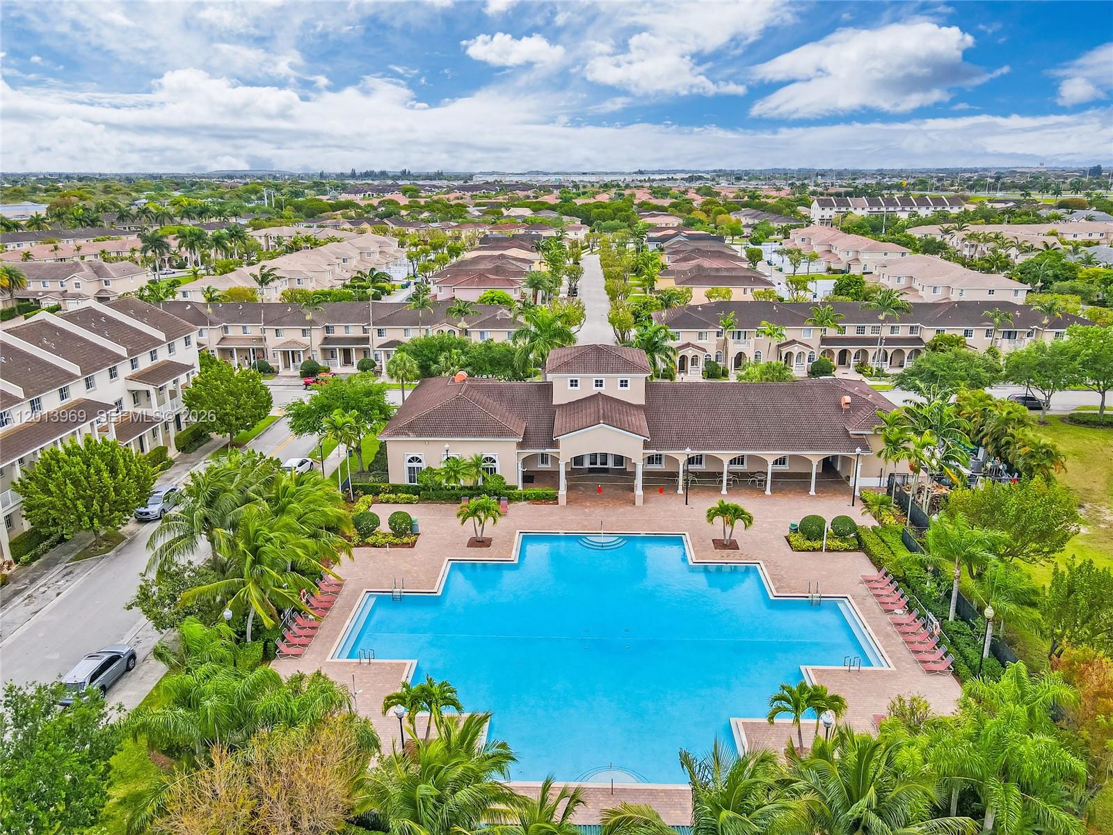 14044 Southwest 273rd Lane, Unit 14044 Homestead, FL 33032 - Photo 42 of 44 an aerial view of residential houses with outdoor space and swimming pool