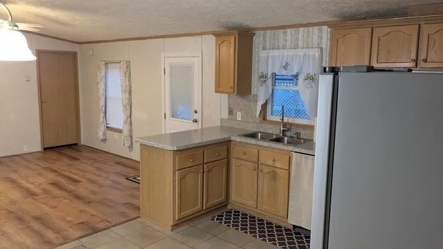 a kitchen with a sink and a refrigerator