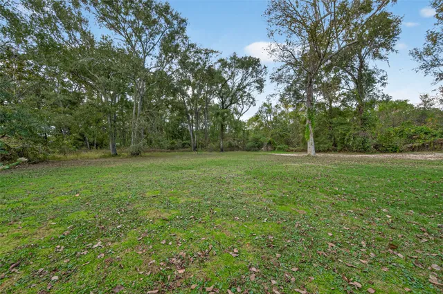 a view of a field with trees in the background
