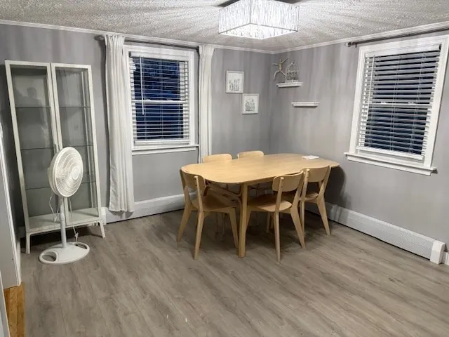 a view of a dining room with furniture window and wooden floor