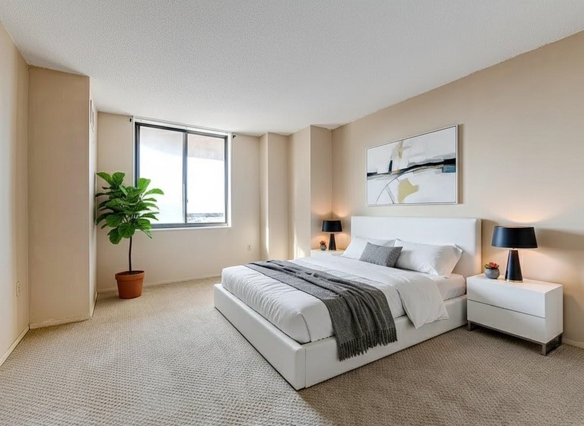 232 Harmon Cove Tower, Unit 232 Secaucus, NJ 07094 - Photo 18 of 47 a bedroom with a bed and a potted plant