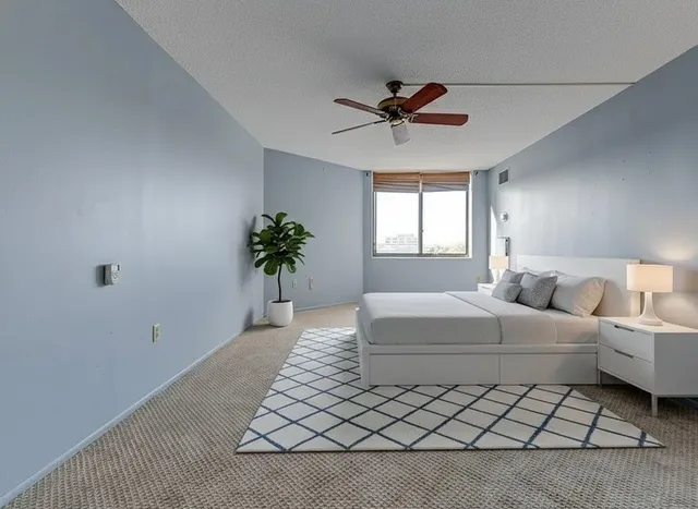 a view of a livingroom with a ceiling fan and window