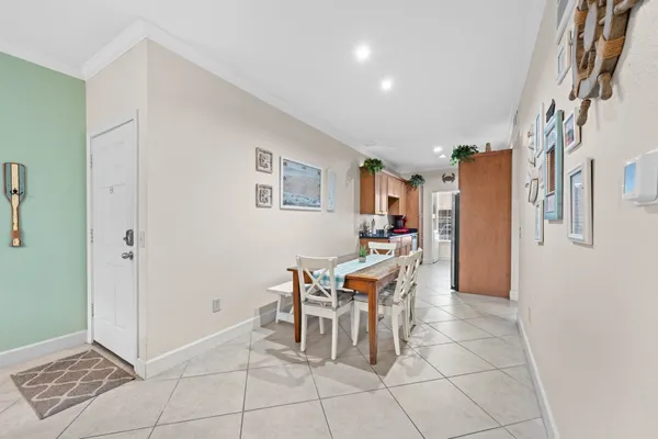 a view of a dining room with furniture