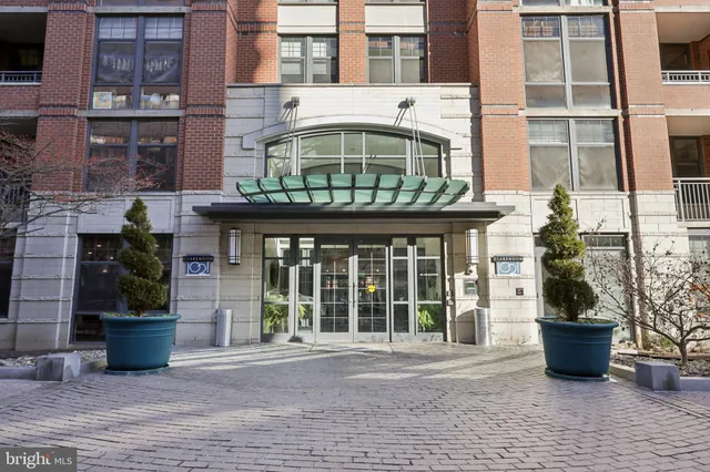 a view of a building with potted plants