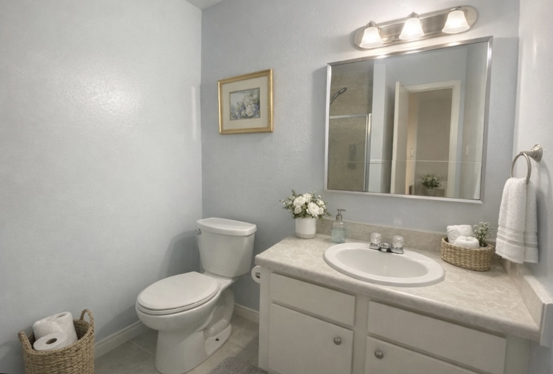 12177 Sharpview Drive Houston, TX 77072 - Photo 11 of 30 a bathroom with a toilet sink and mirror