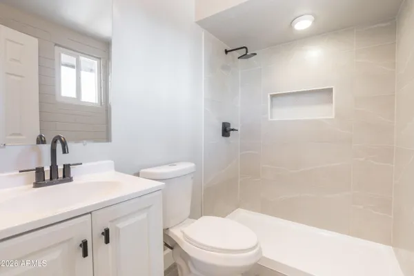 a bathroom with a sink a toilet and shower