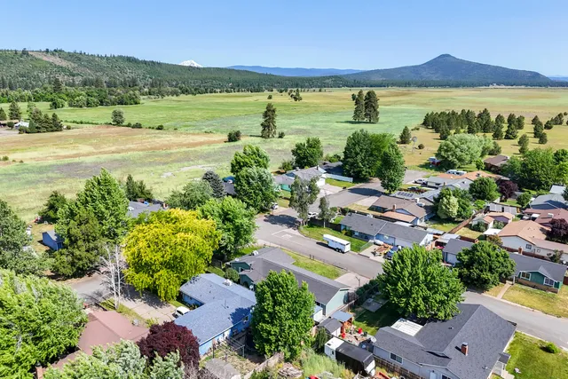 an aerial view of residential houses with outdoor space and ocean view