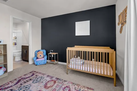 a bedroom with furniture and a rug