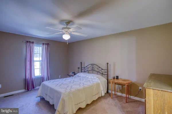 a bedroom with a bed and a ceiling fan