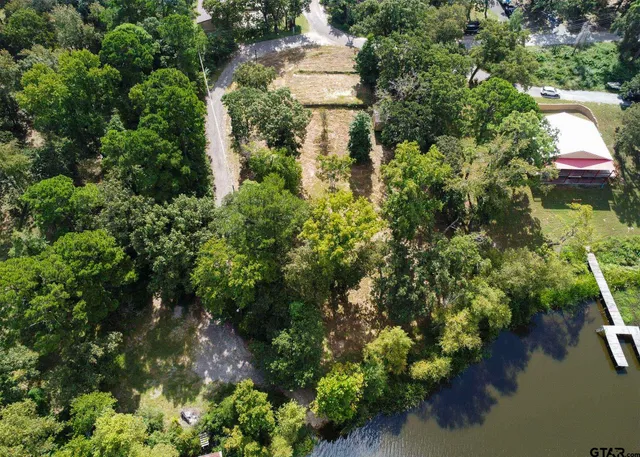 an aerial view of a house with a yard and lake view