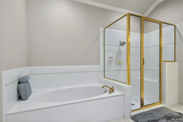a bathroom with a bathtub and a shower