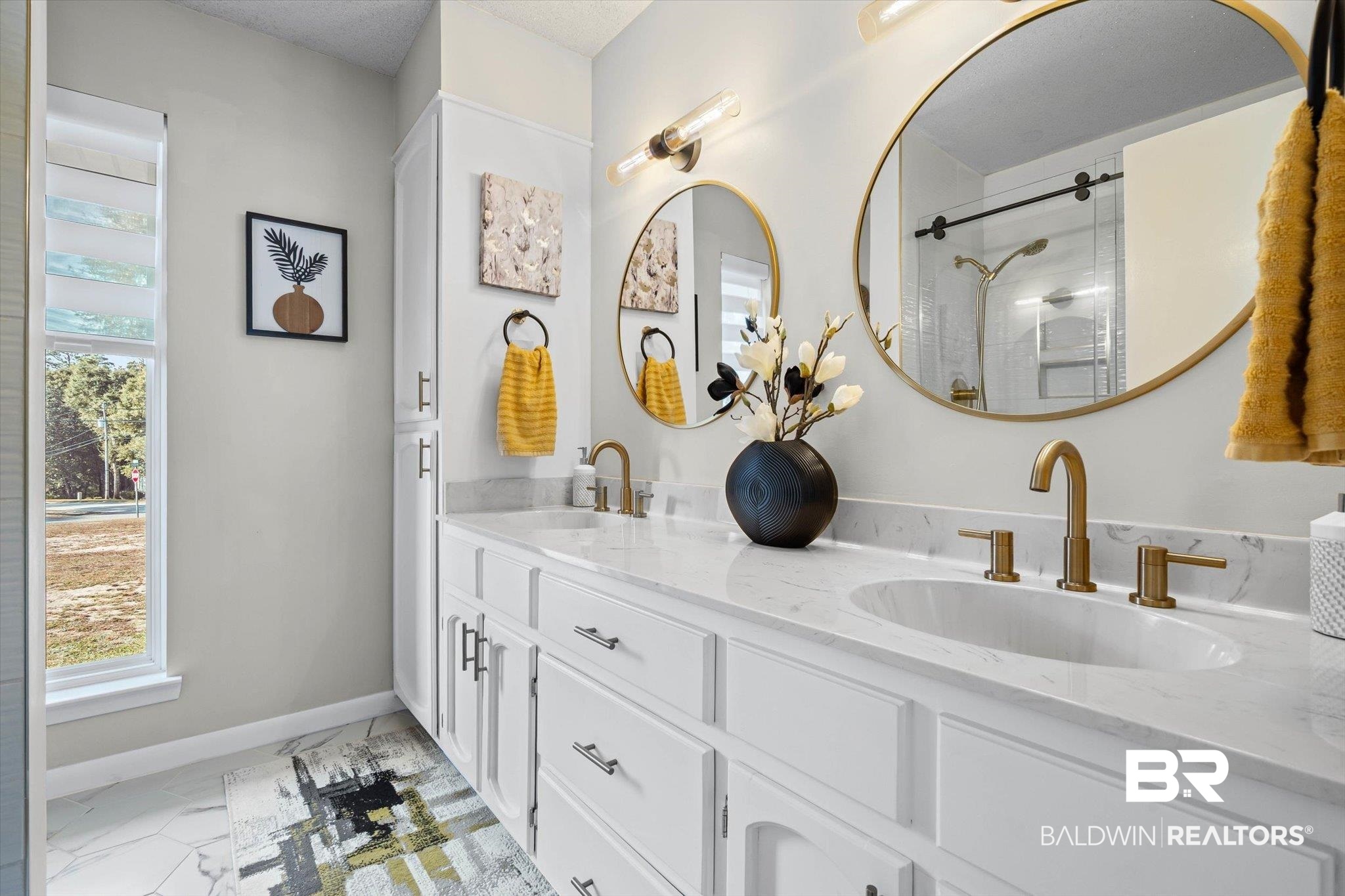 4567 Pine Avenue Saraland, AL 36571 - Photo 13 of 48 Bathroom with light marble finish floors, an enclosed shower, and double vanity