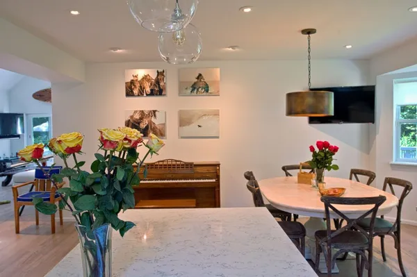 a view of a dining room with furniture and a potted plant