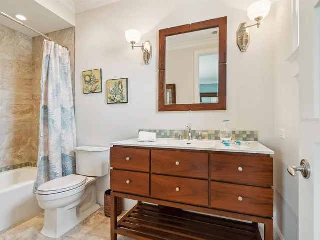 a view of a park with potted plants and palm trees
