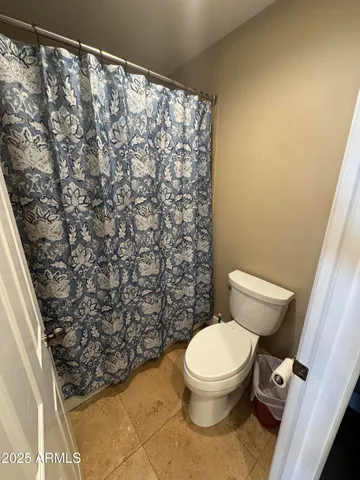 a white toilet sitting next to a shower curtain