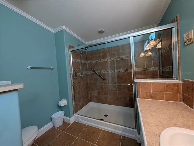 a bathroom with a shower and a toilet