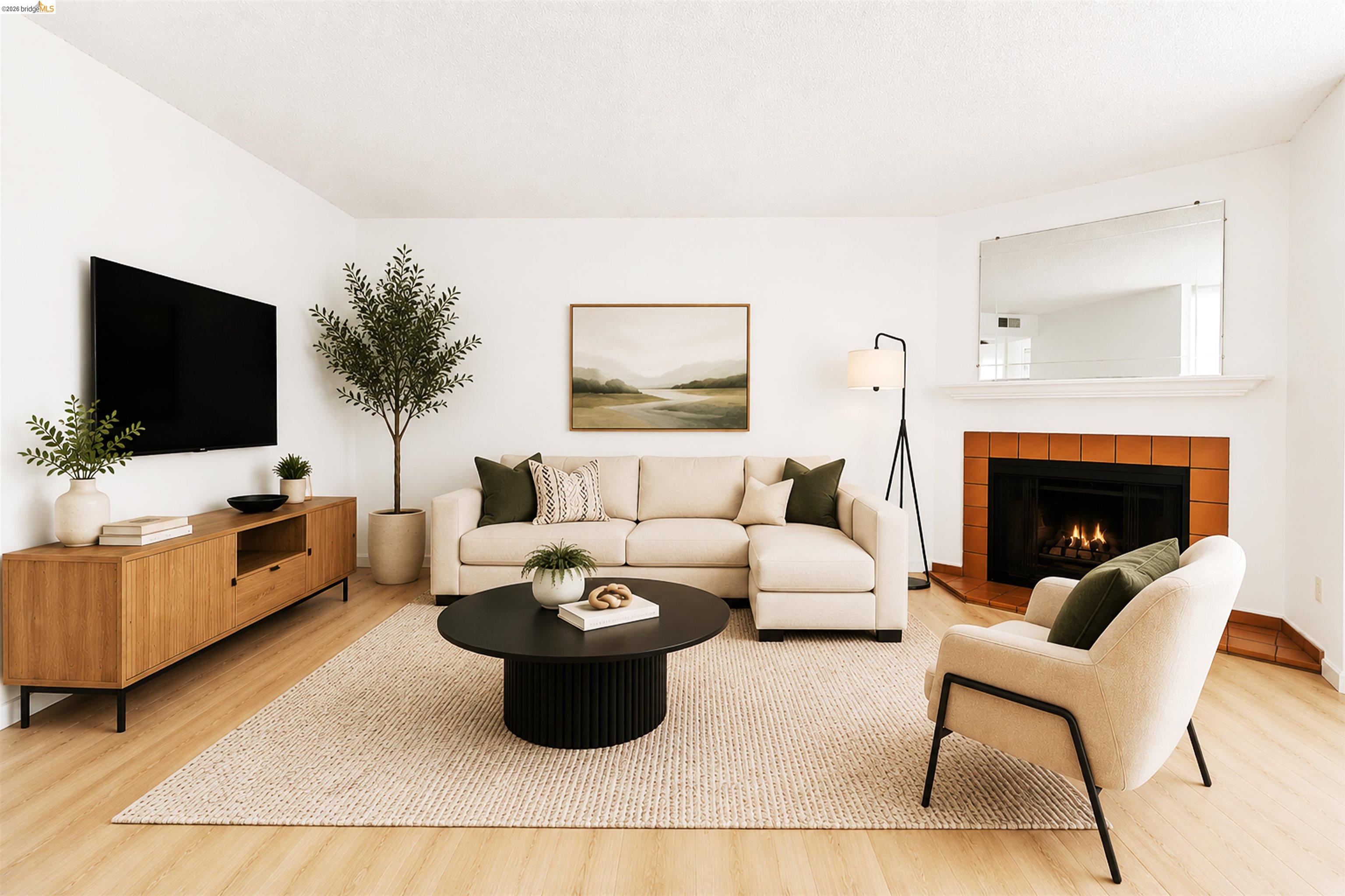 4186 San Pablo Dam Road, Unit A El Sobrante, CA 94803 - Photo 6 of 34 Living area featuring light wood-finish flooring, a corner fireplace with terracotta-style tile surround and white mantel, and bright white walls