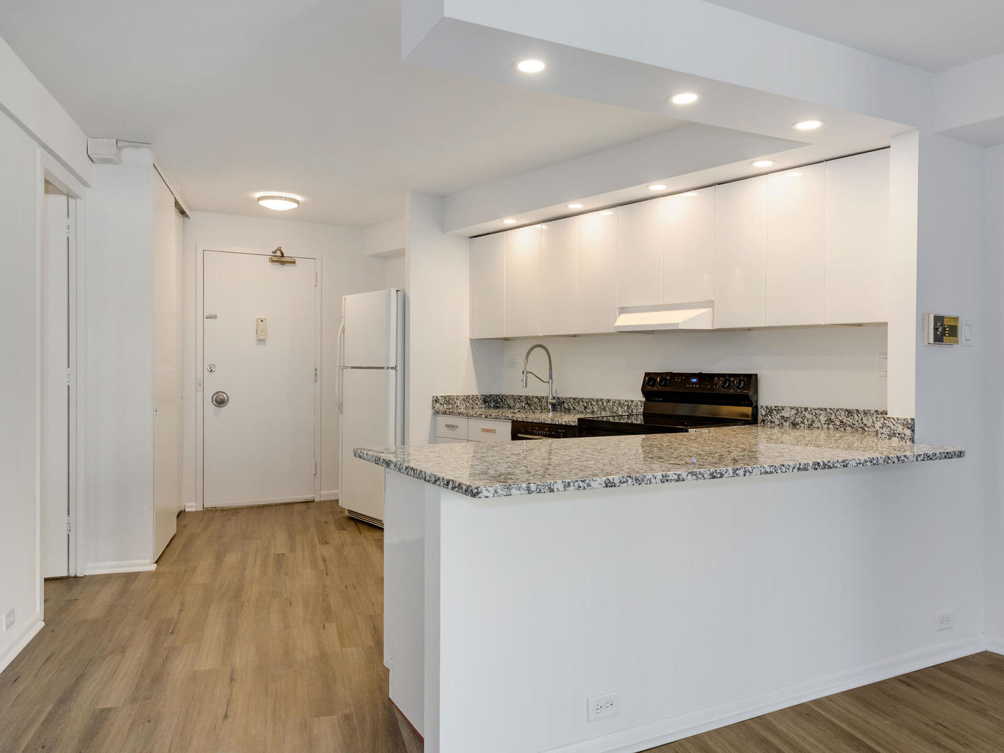 300 North State Street, Unit 3330 Chicago, IL 60654 - Photo 5 of 20 a kitchen with stainless steel appliances granite countertop a sink a stove and a refrigerator