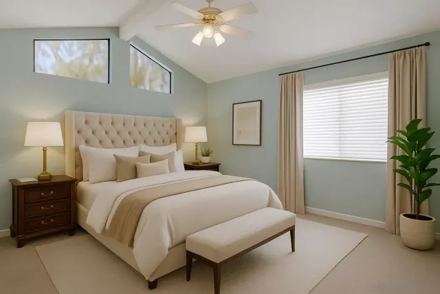 a bedroom with a bed and a potted plant