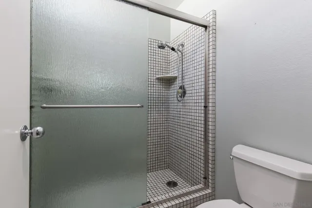 a bathroom with a shower and a toilet