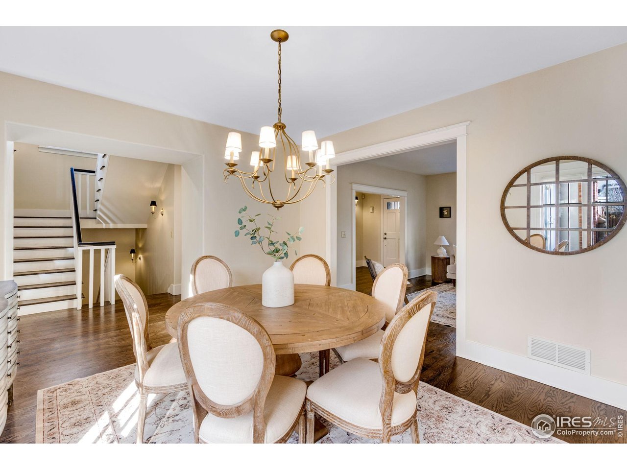 707 South Fillmore Street Denver, CO 80209 - Photo 19 of 47 a dining room with wooden floor a chandelier a wooden table and chairs