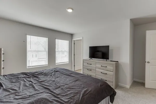 a bedroom with a bed and a television