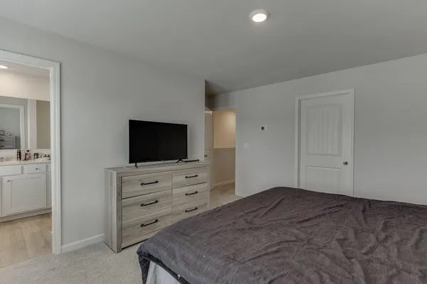 a bedroom with a bed and a television