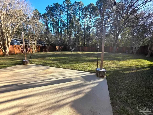 a view of a yard with large trees