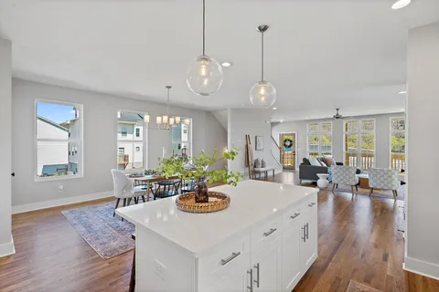 a view of a dining room and livingroom with furniture wooden floor a rug a potted plant and a chandelier