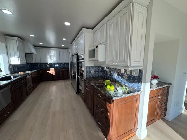 a kitchen with lots of counter top space