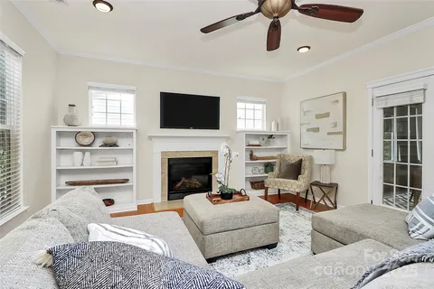 workspace with wooden floor and windows