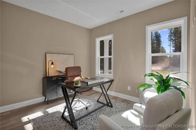 a workspace with furniture and a potted plant
