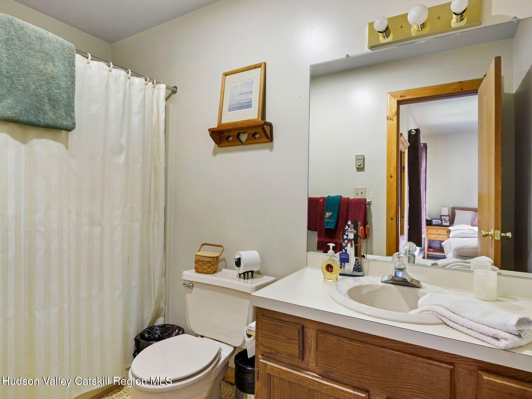55 Windham Ridge Road, Unit 15H Windham, NY 12496 - Photo 22 of 34 a bathroom with a sink a toilet and shower curtain