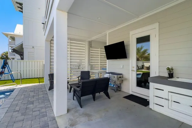 a view of swimming pool from a balcony