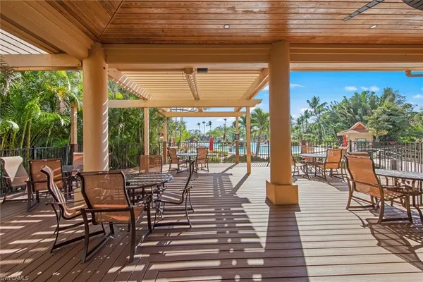 a view of a lake with a patio